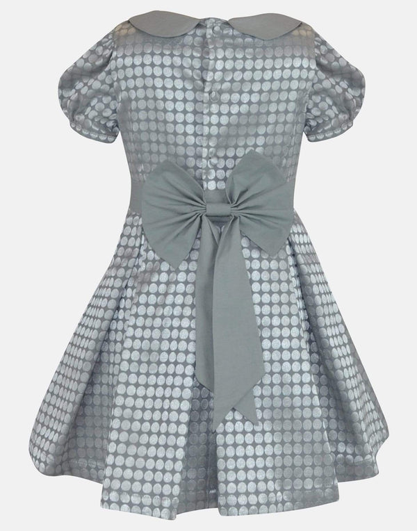 girls dress silver petticoat collar box pleat vintage traditional princess party luxury cotton cap sleeve bow button back toddler