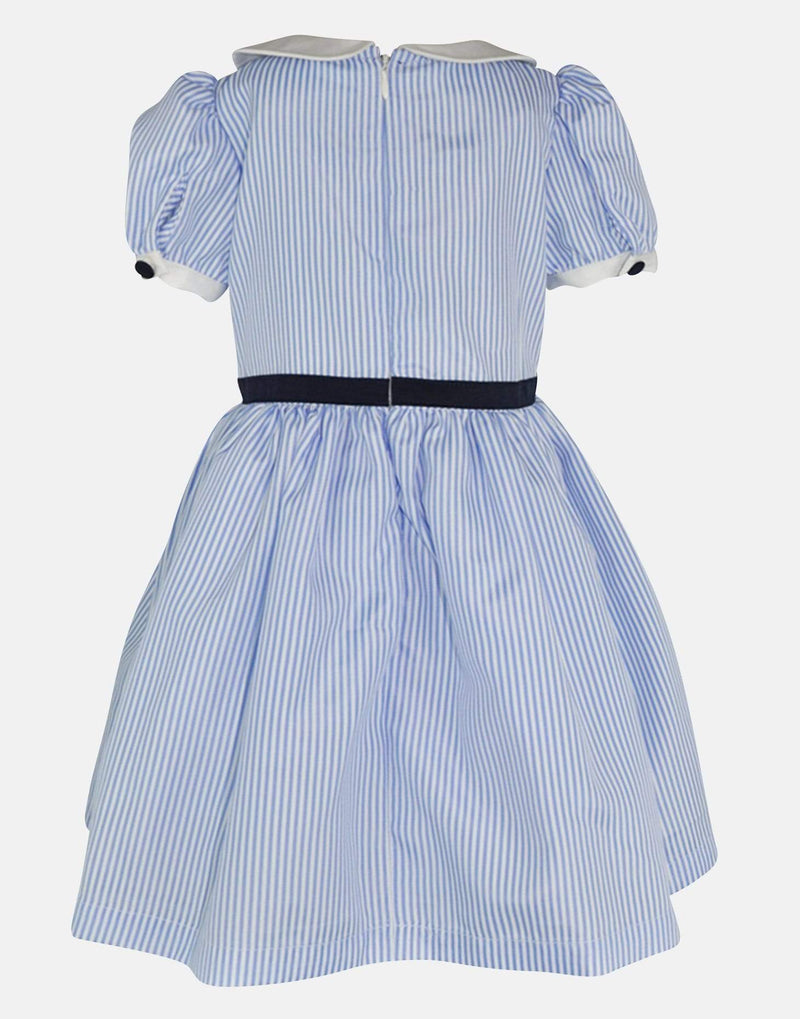 girls toddler dress plae blue navy bow peter pan collar puff sleeves striped lined petticoats vintage traditional princess party luxury cotton
