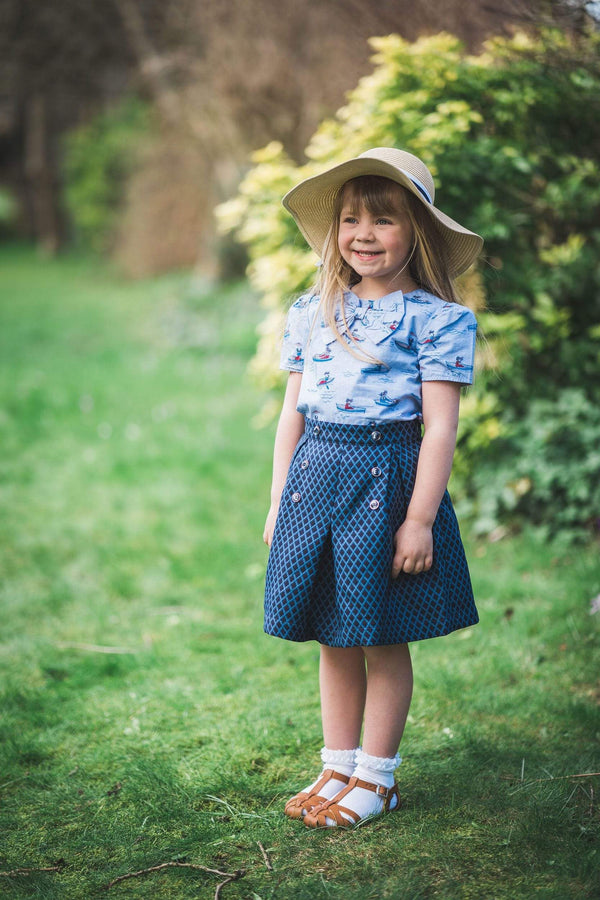 girls skirt jacquard blue navy box pleats lined petticoats elasticated vintage traditional casual princess cotton