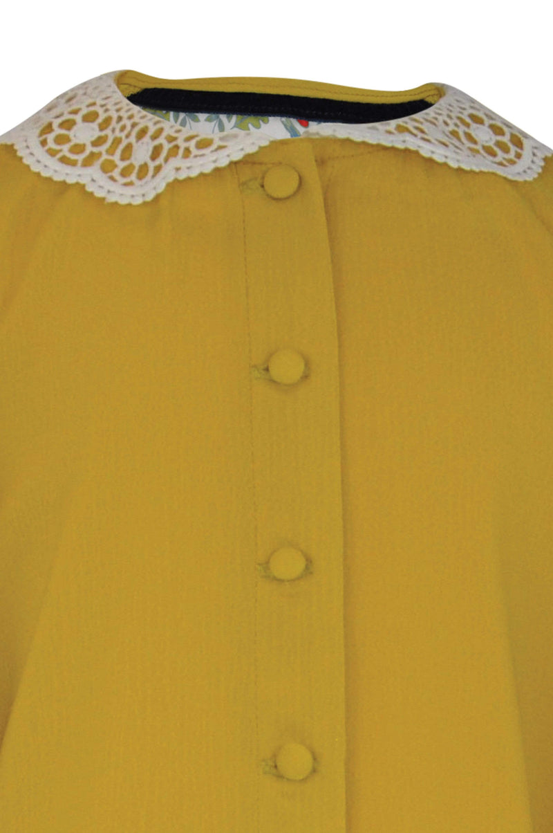 girls blouse yellow mustard white lace collar long sleeves button down lined puff sleeves vintage retro traditional