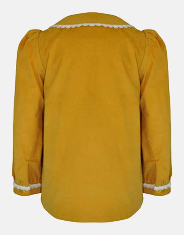 girls blouse mustard yellow long sleeve peter pan collar pin tucks button down lace trim lined traditional vintage party