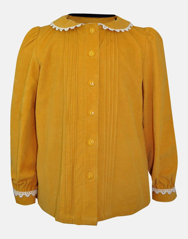 girls blouse mustard yellow long sleeve peter pan collar pin tucks button down lace trim lined traditional vintage party 