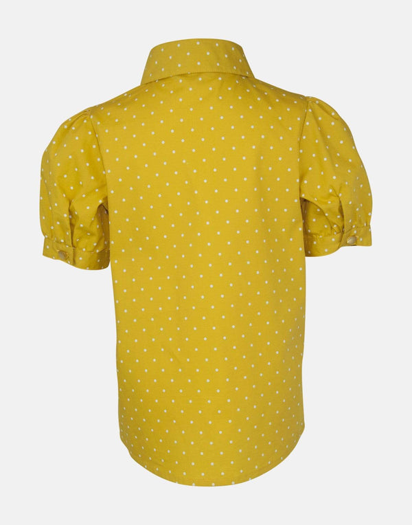 girls blouse yellow embroidered floral unique collar short sleeve button down spotty spot spotted vintage traditional party