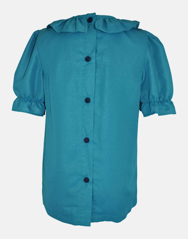 girls blouse puff sleeves frill collar teal lined traditional vintage retro button back party