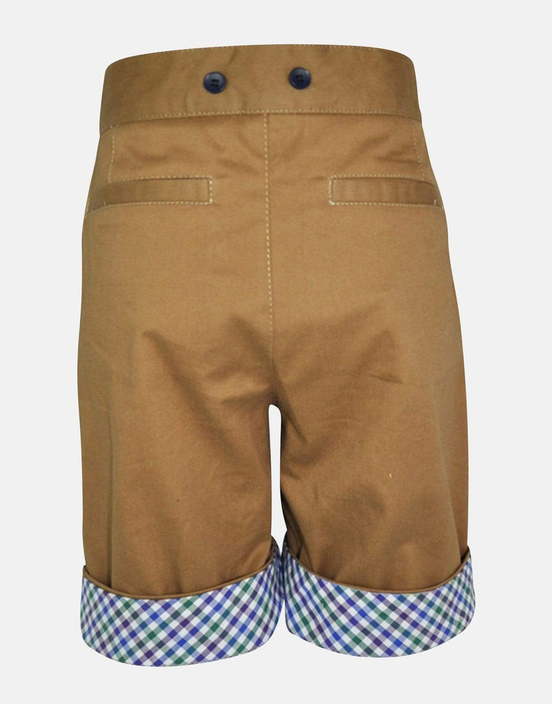 boys cotton shorts tan stone brown blue green checked pocket smart vintage unique turn up dapper