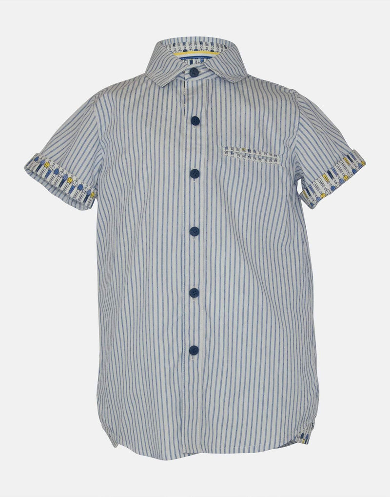 boys cotton shirt blue yellow white gentleman striped collar button down short sleeve pocket smart dapper vintage unique