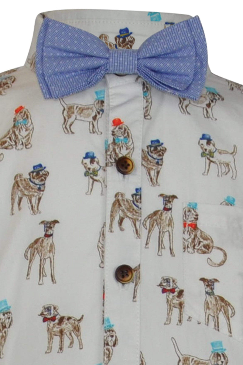 boys cotton shirt blue white dog dogs collar button down bowtie bow tie long sleeve pocket smart dapper vintage unique