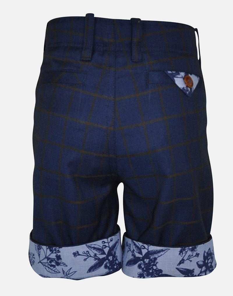 boys cotton shorts navy blue floral checked check pocket smart vintage unique turn up dapper