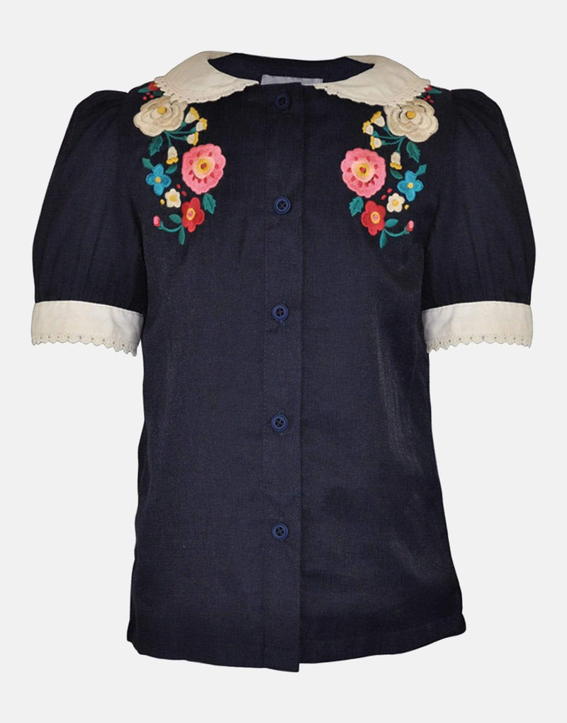 girls blouse navy embroidered puff sleeves white lace collar floral pink white part princess traditional vintage button down