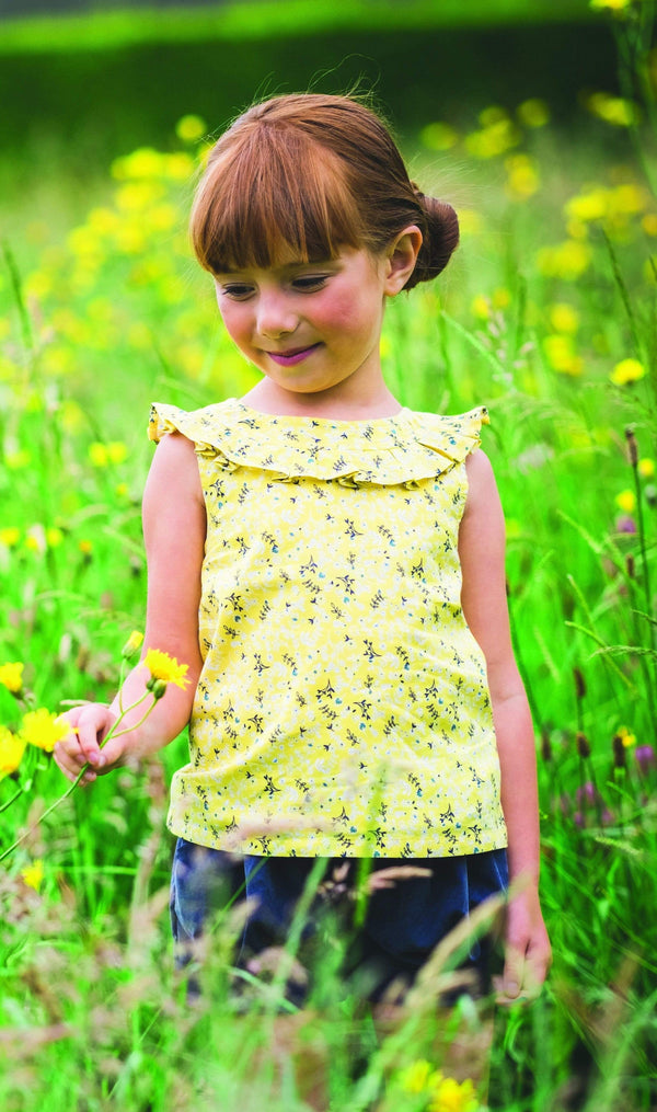 girls blouse yellow floral sleeveless frill collar lined button back vintage retro traditional princess party casual
