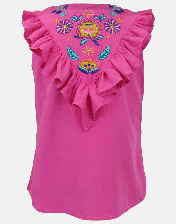 girls blouse frills embroidered pink unique print sleeveless lined button down traditional vintage casual princess party