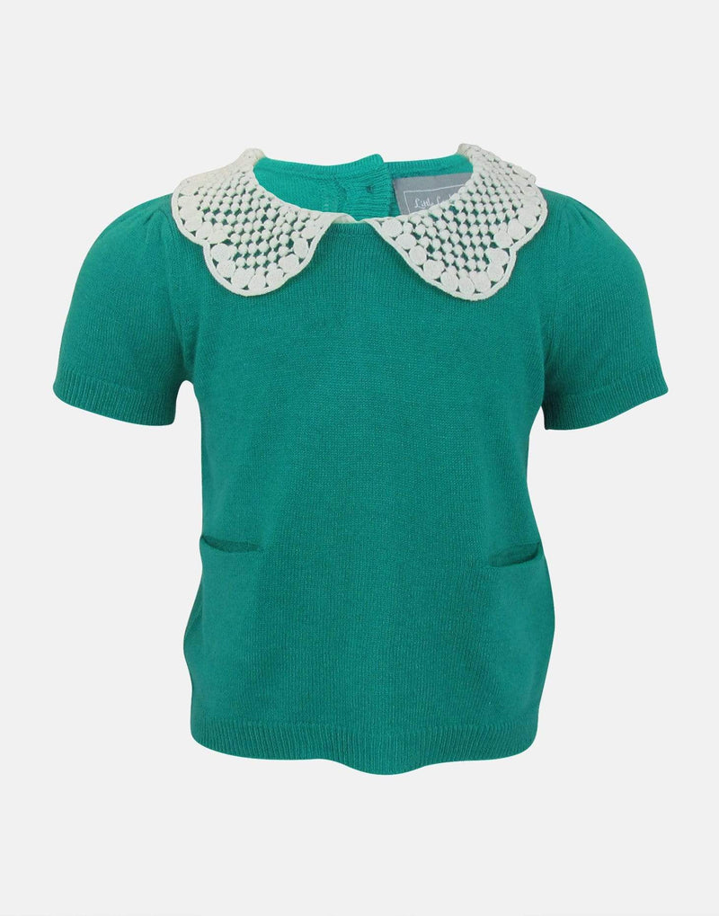 girls blouse knit knitted jade green white lace collar short sleeves pockets button down vintage traditional