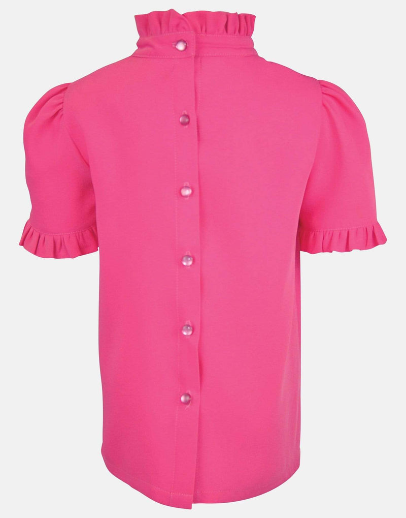 girls blouse pink frill sleeves frill collar high neck pin tucks lined button back vintage bright traditional party