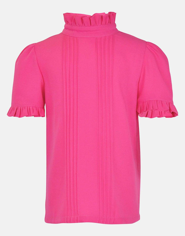girls blouse pink frill sleeves frill collar high neck pin tucks lined button back vintage bright traditional party 