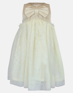girls toddler dress gold cream bow netting sleeveless lined button back vintage traditional princess party  