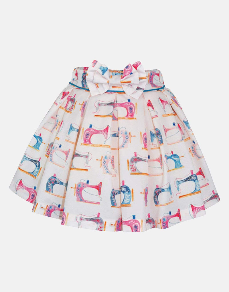 girls skirt sewing print pink blue bow petticoats lined cotton vintage traditional princess casual box pleats elasticated