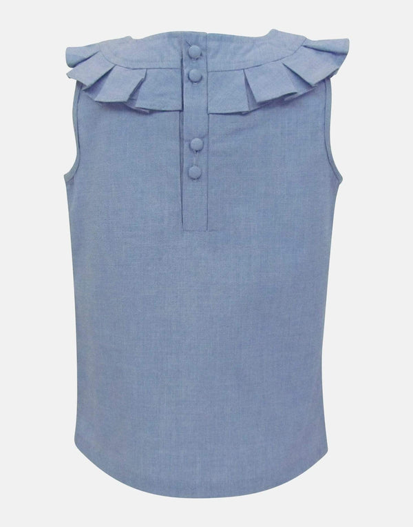 girls blouse sleeveless pale blue pleated collar lined button back traditional vintage casual unique