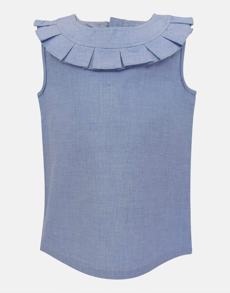 girls blouse sleeveless pale blue pleated collar lined button back traditional vintage casual unique 