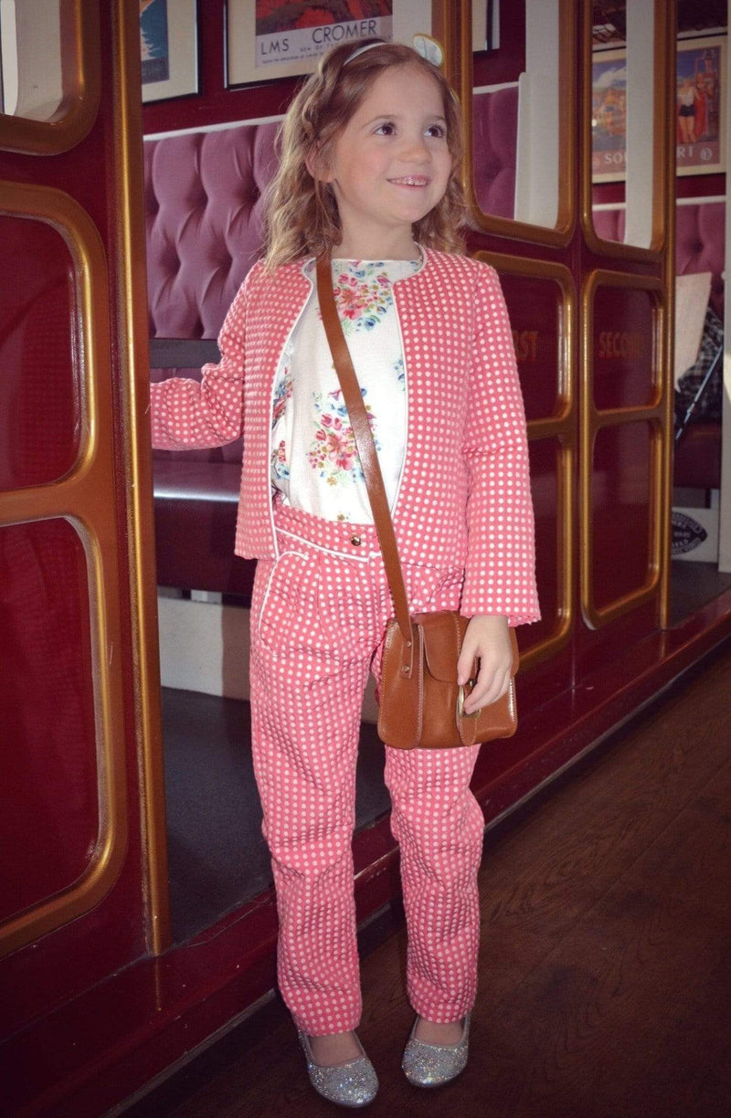 girls trousers jacquard fuchsia pink spotted spot spotty pockets smart vintage traditional box peats tapered