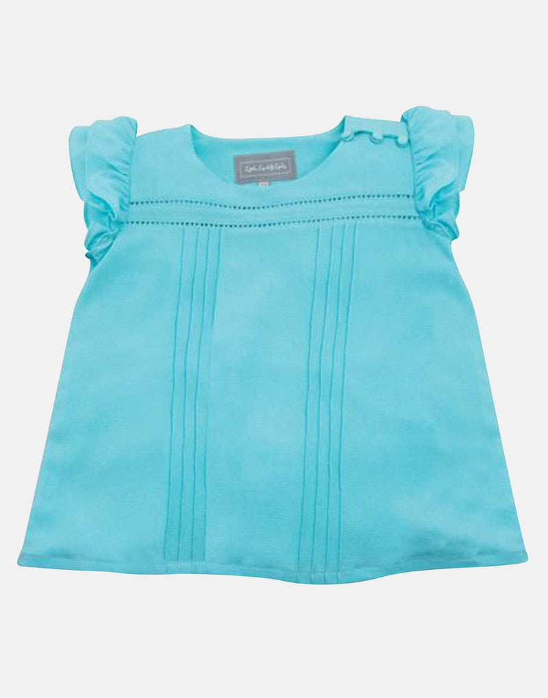 girls blouse frill sleeve aqua blue lined vintage traditional casual