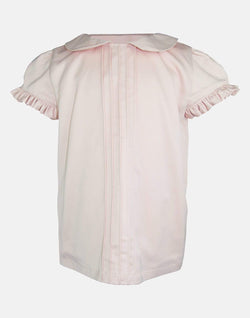 girls blouse pink satin peter pan collar pin tucks cap sleeves button back vintage traditional princess party 