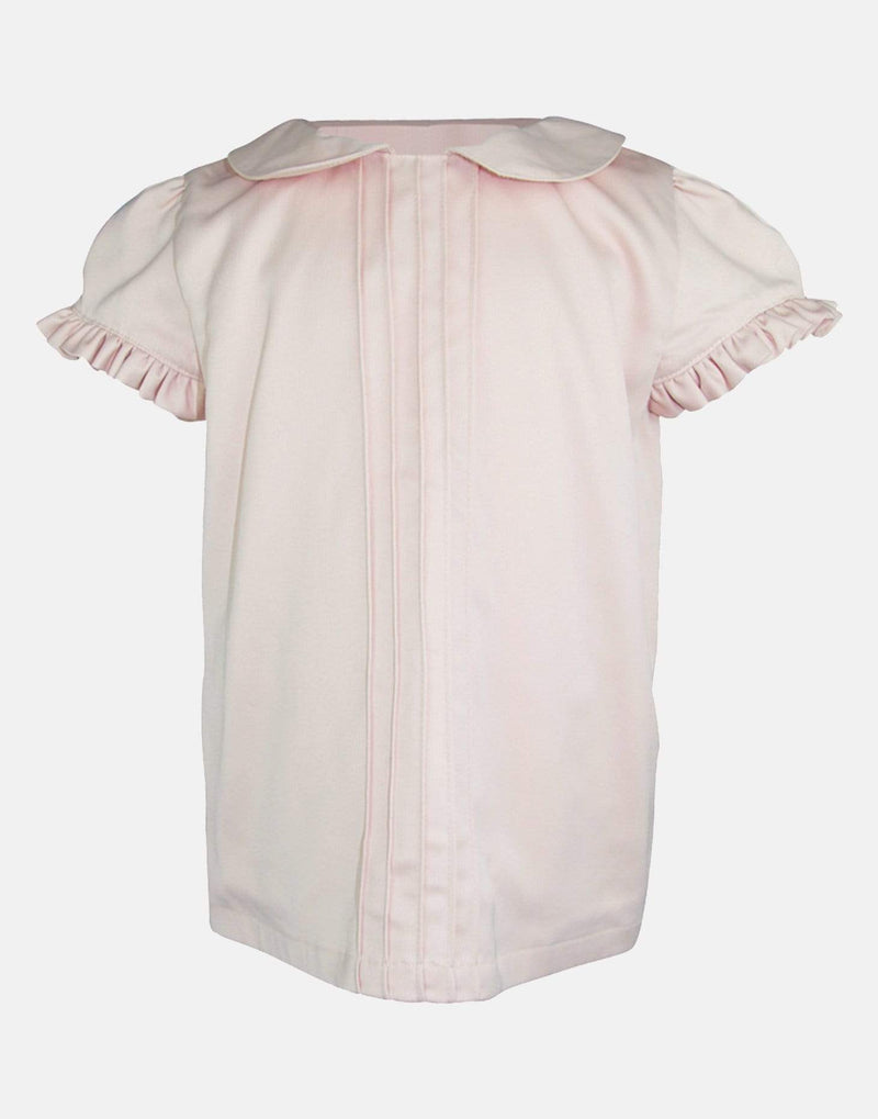 girls blouse pink satin peter pan collar pin tucks cap sleeves button back vintage traditional princess party 