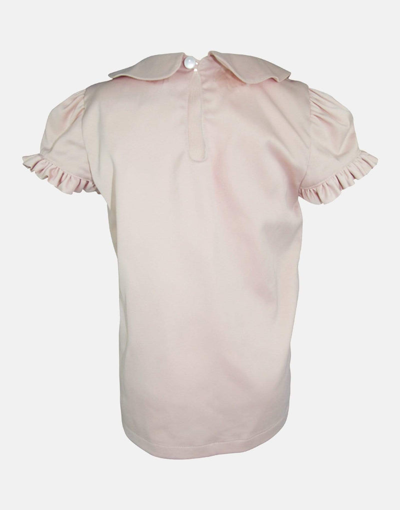girls blouse pink satin peter pan collar pin tucks cap sleeves button back vintage traditional princess party