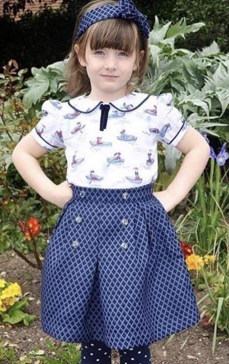 girls blouse white blue navy bow peter pan collar puff sleeves unique print lined vintage traditional retro button back toddler