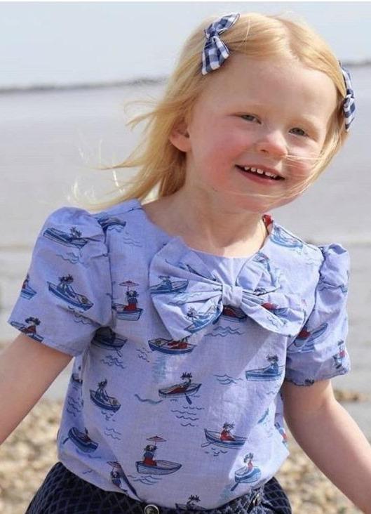 girls toddler blouse pale blue red unique print bow lined short sleeves vintage traditional casual