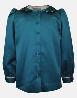 girls blouse long sleeve jade green peter pan collar button down lined unique vintage traditional party 
