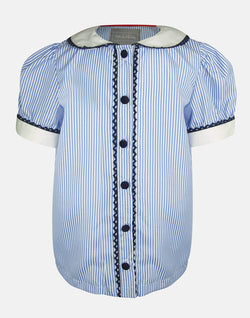 girls blouse blue white stripe striped peter pan collar puff sleeves navy lace trim button down lined vintage traditional party casual