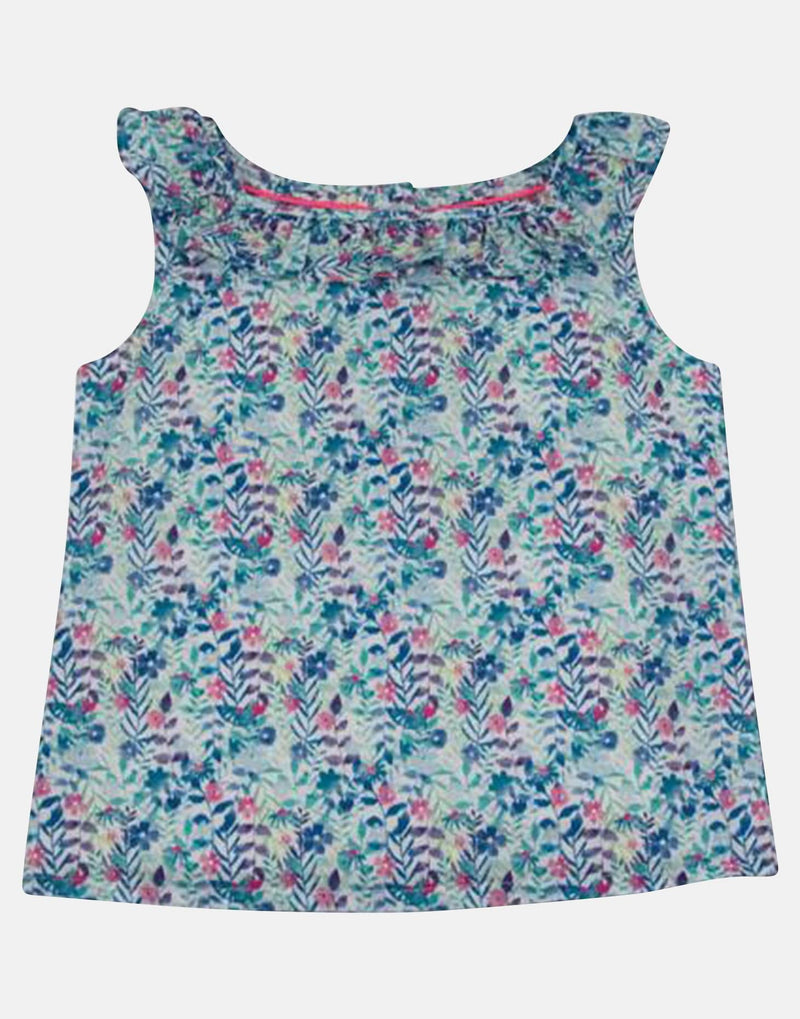 girls blouse sleeveless floral pink blue unique print frill collar  vintage traditional 