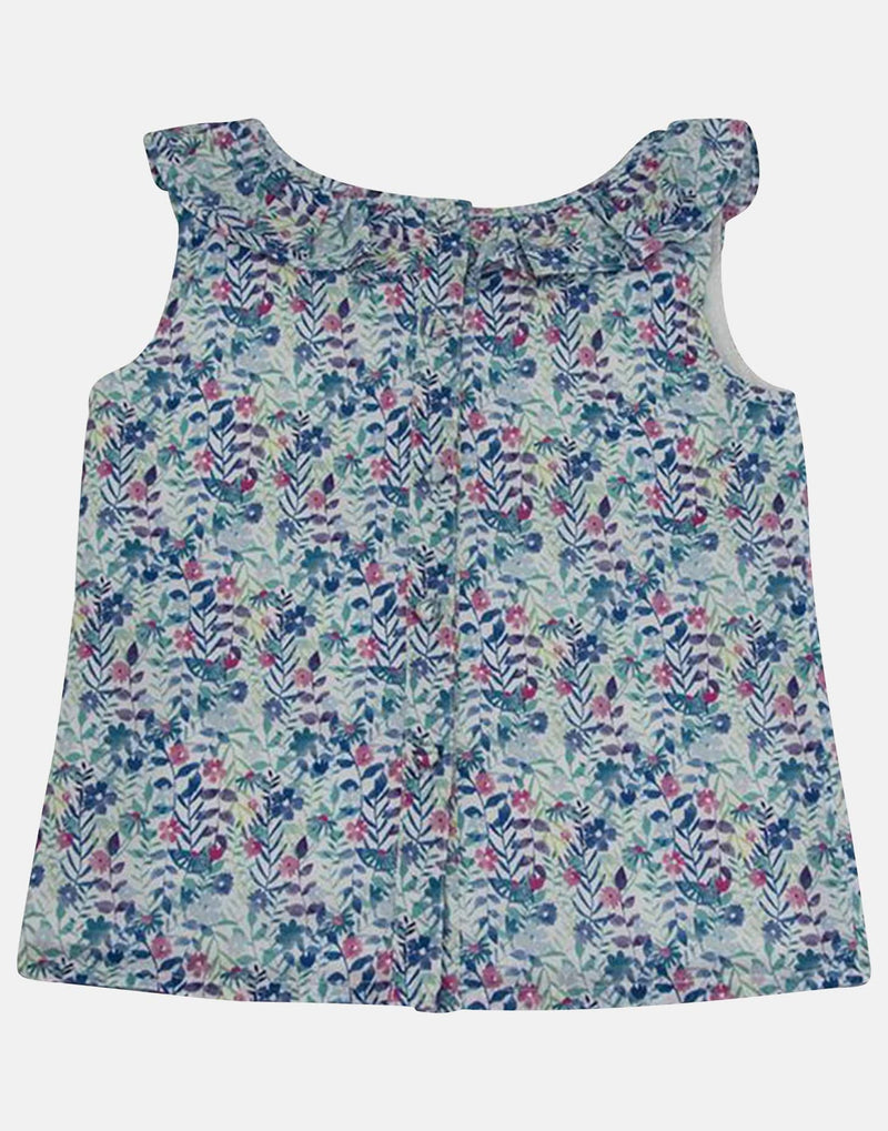 girls blouse sleeveless floral pink blue unique print frill collar vintage traditional