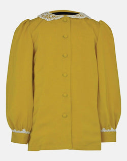 girls blouse yellow mustard white lace collar long sleeves button down lined puff sleeves vintage retro traditional 