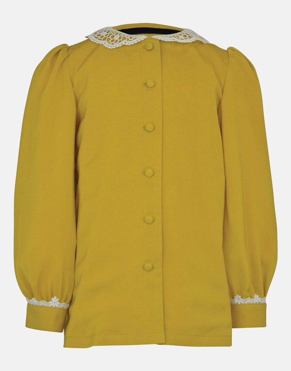 girls blouse yellow mustard white lace collar long sleeves button down lined puff sleeves vintage retro traditional 