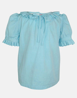 girls blouse blue frill collar bow lined frill sleeves unique traditional vintage retro button back 