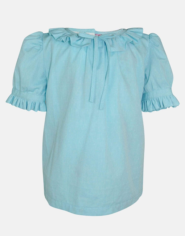 girls blouse blue frill collar bow lined frill sleeves unique traditional vintage retro button back 