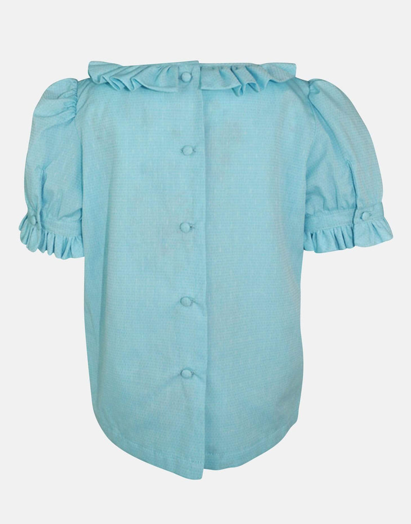 girls blouse blue frill collar bow lined frill sleeves unique traditional vintage retro button back