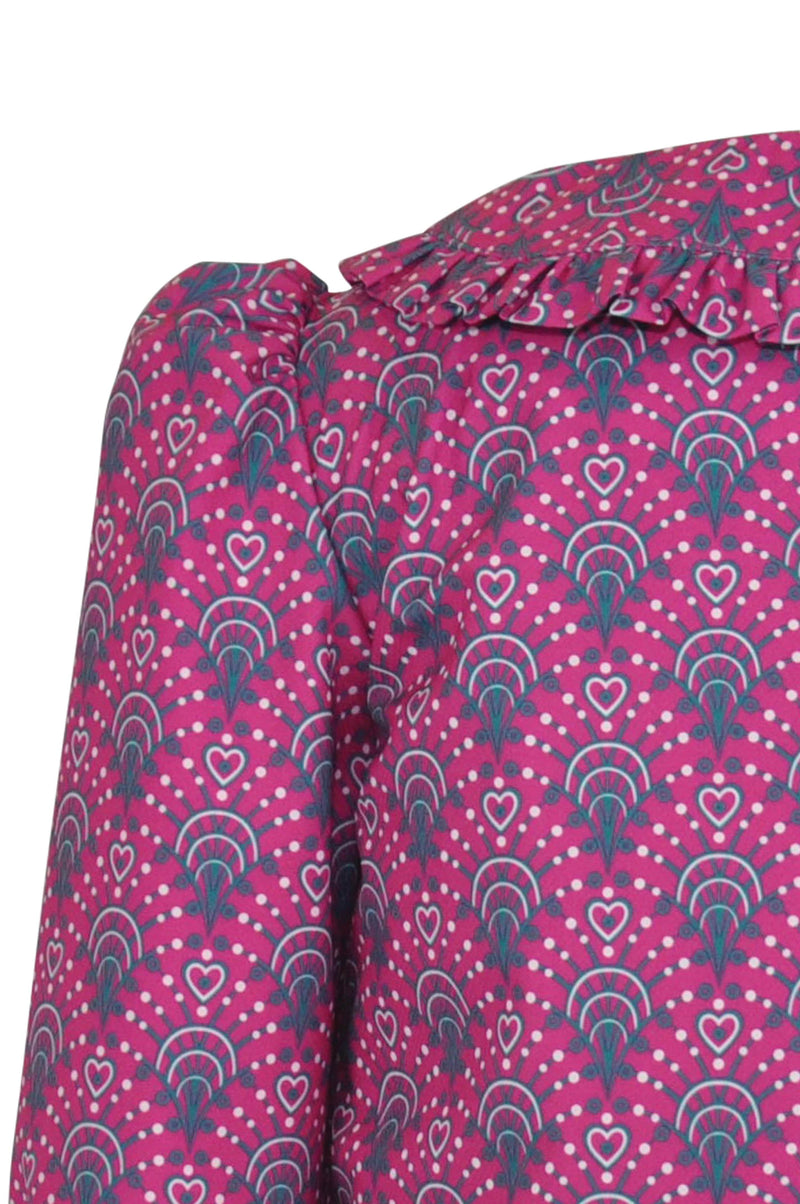 girls blouse magenta pink satin feel peter pan collar long sleeve navy bow unique print traditional vintage party