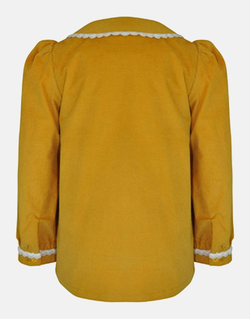 girls blouse mustard yellow long sleeve peter pan collar pin tucks button down lace trim lined traditional vintage party