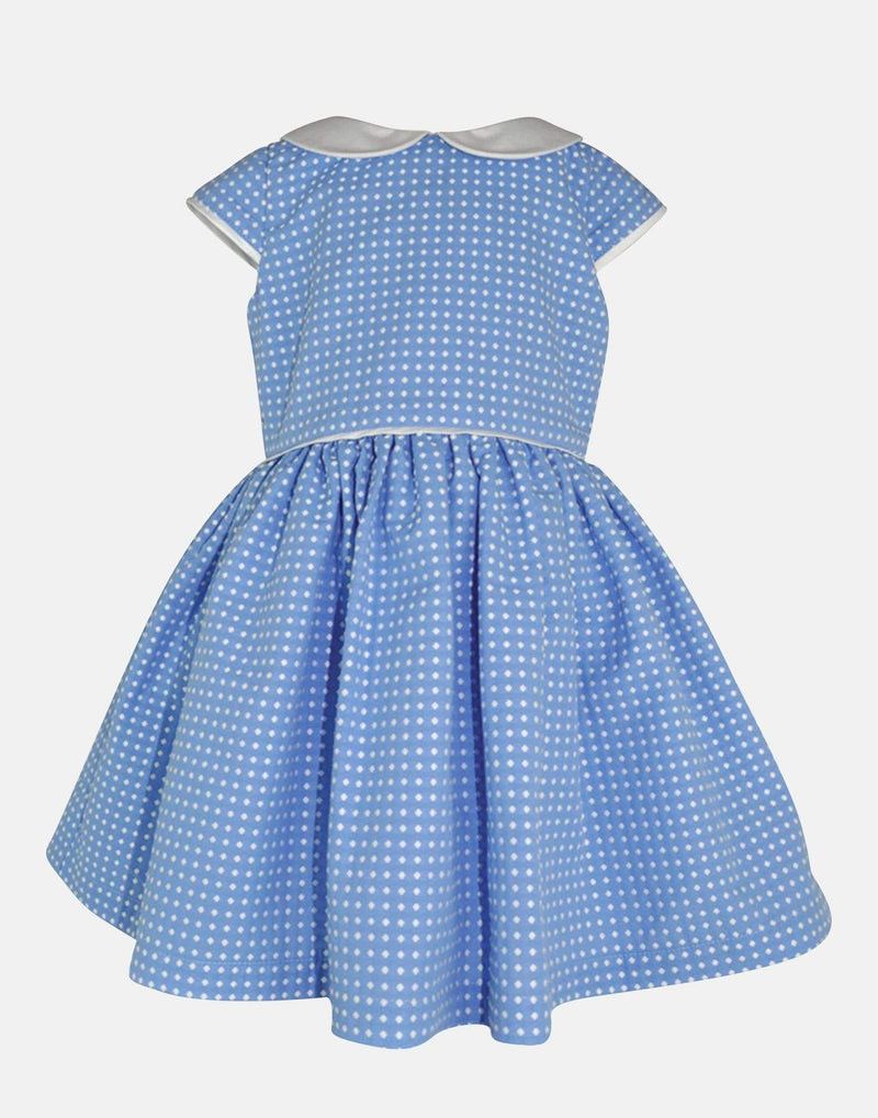 girls dress blue white spot spotted spotty peter pan collar petticoats cap sleeve lined vintage traditional princess party luxury cotton 