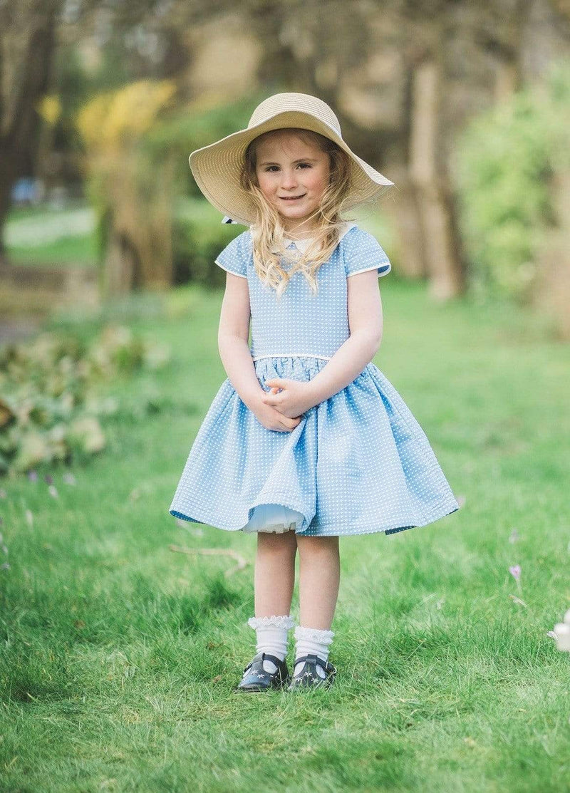 girls dress blue white spot spotted spotty peter pan collar petticoats cap sleeve lined vintage traditional princess party luxury cotton