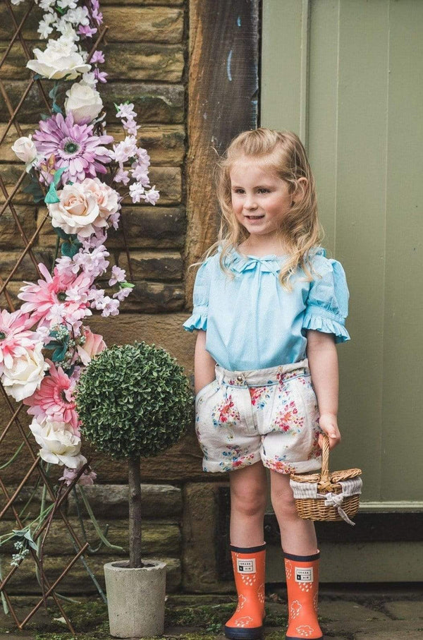 girls cotton shorts blue pink floral pocket smart vintage unique turn up