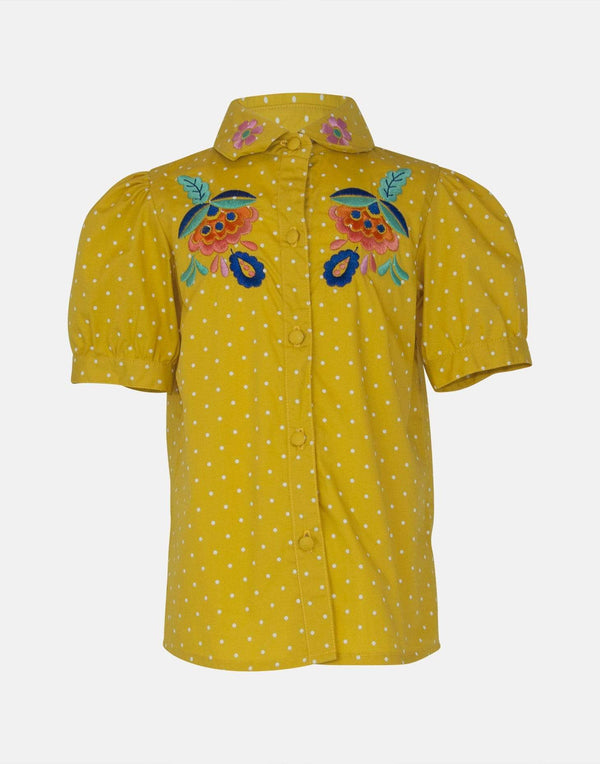 girls blouse yellow embroidered floral unique collar short sleeve button down spotty spot spotted vintage traditional party