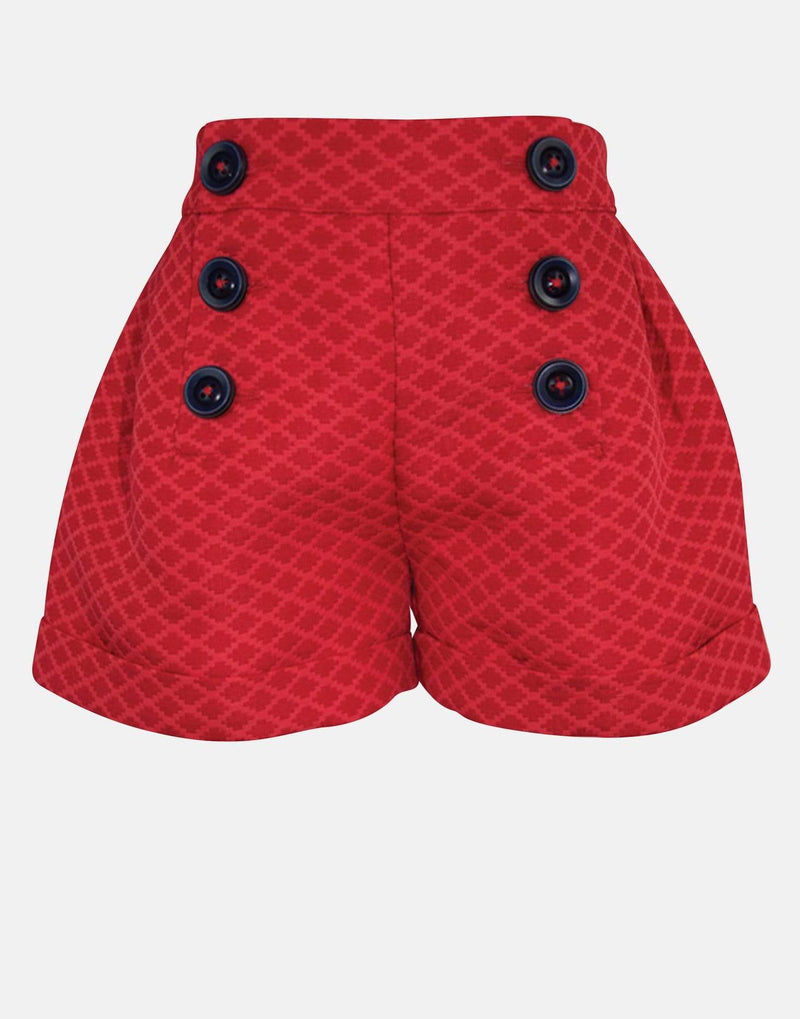 girls cotton shorts red jacquard navy buttons pocket smart vintage unique turn up