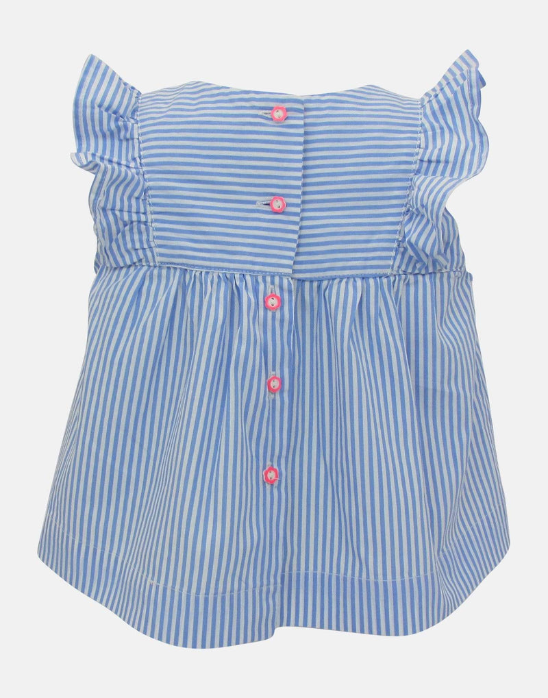 girls toddler blouse blue white striped stripe frill sleeves button back vintage traditional