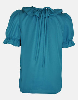 girls blouse puff sleeves frill collar teal lined traditional vintage retro button back party