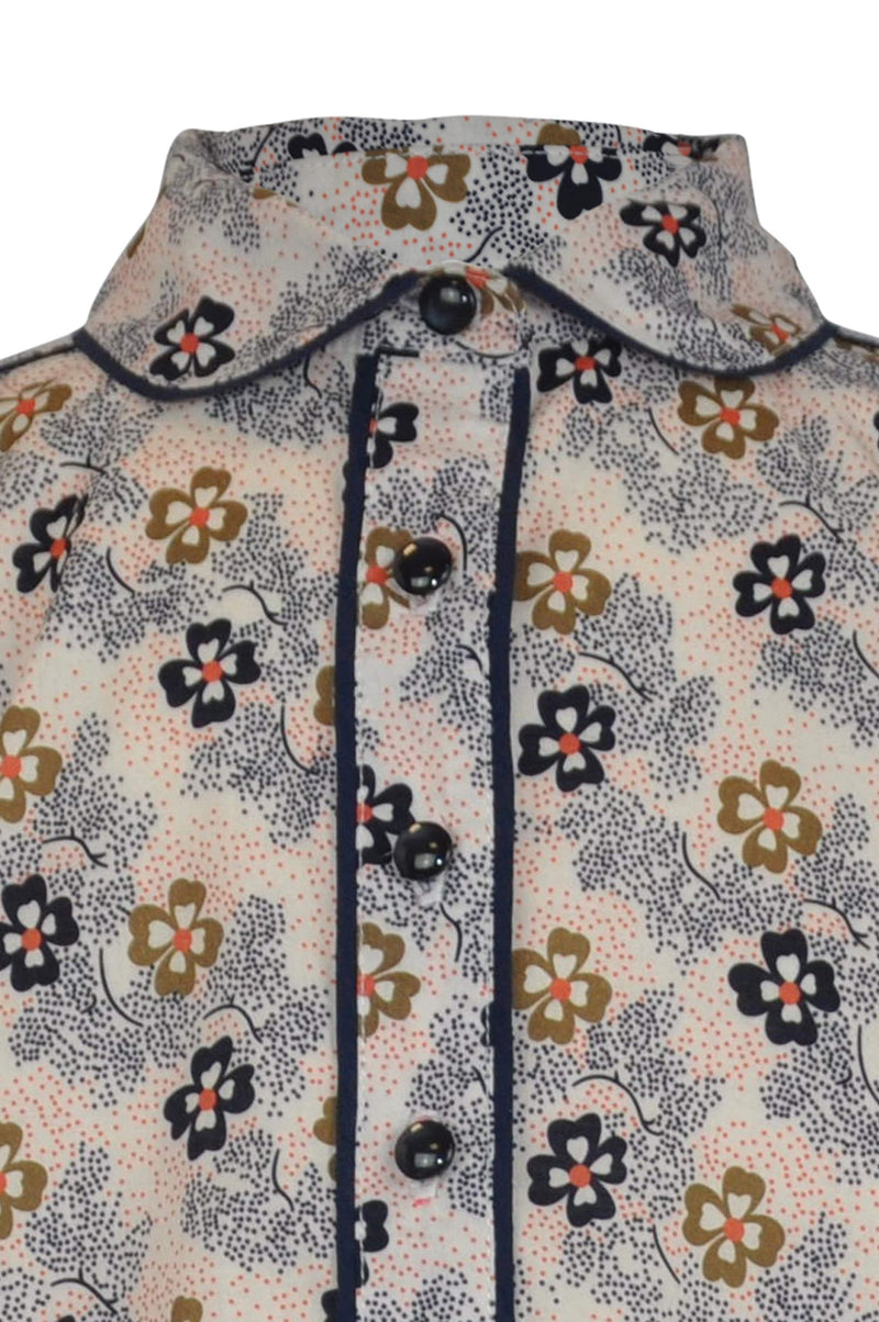 girls blouse floral unique print cream navy caramel shirt collar long sleeves lace trim lined button down vintage traditional retro party