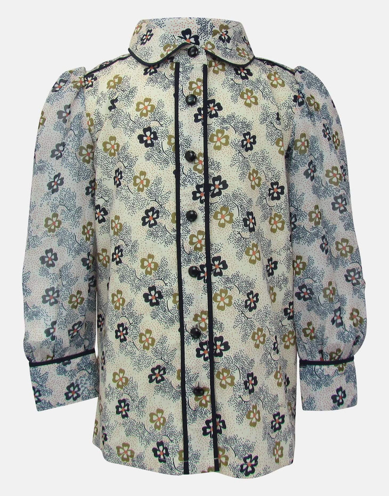 girls blouse floral unique print cream navy caramel shirt collar long sleeves lace trim lined button down vintage traditional retro party