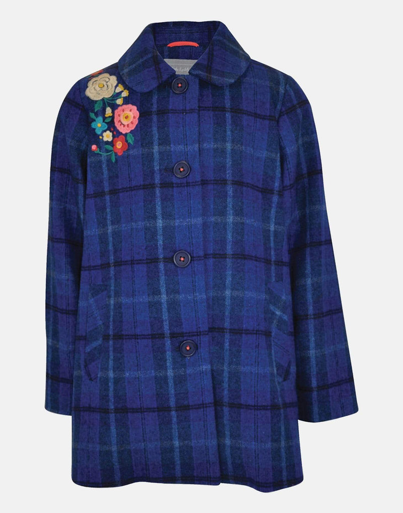 girls coat jacket wool navvy blue checked check embroidered floral unique pockets lined vintage traditional smart 